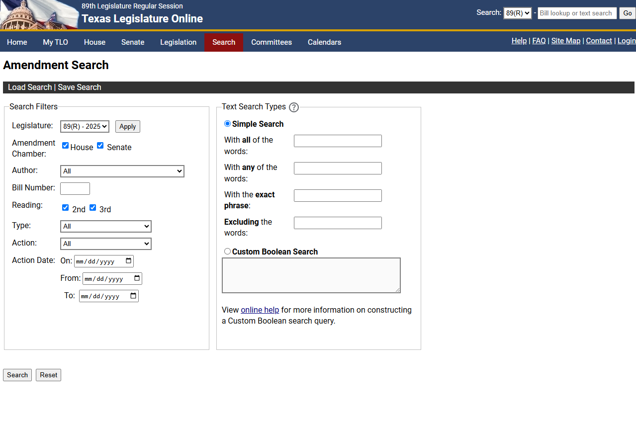 Displays options for amendment search 
