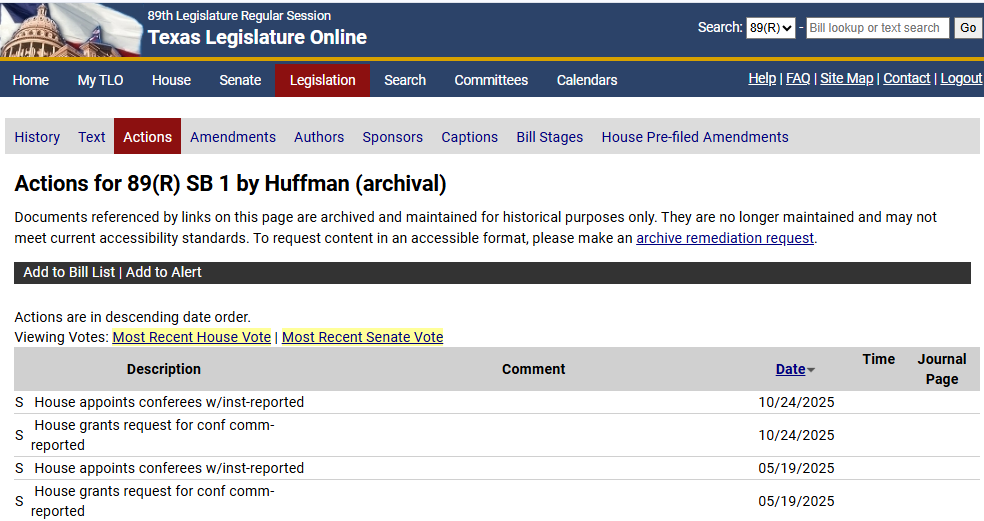 Bill actions window Displays bill actions for the selected bill