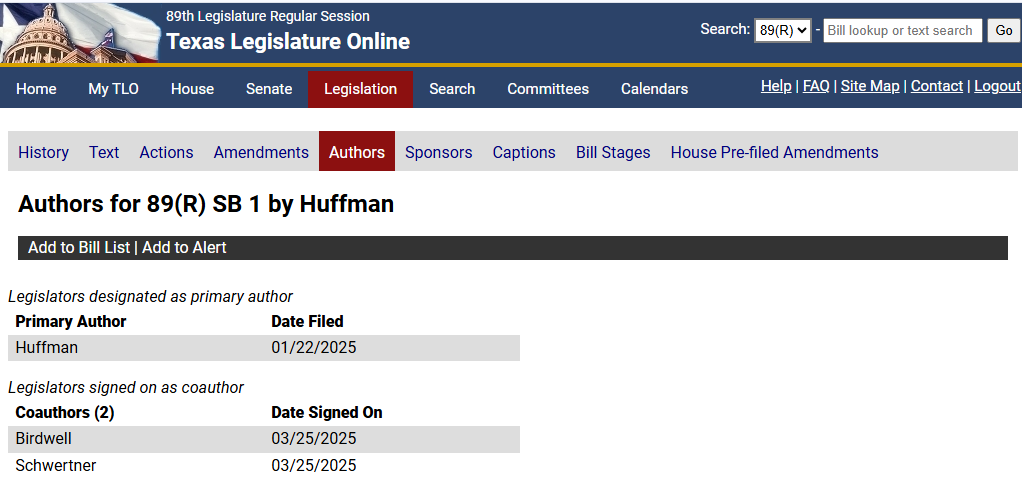 Displays authors of selected bill