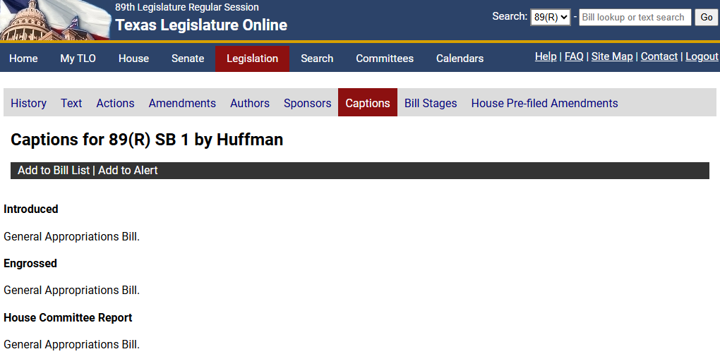 Displays captions for the associated bill