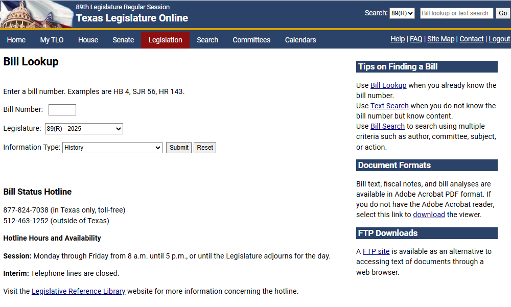 Displays option for searching for a bill
