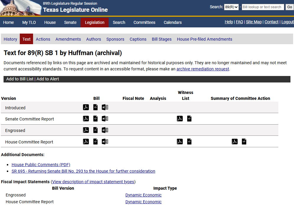 Bill Text Screen Displays text documents related to the selected bill