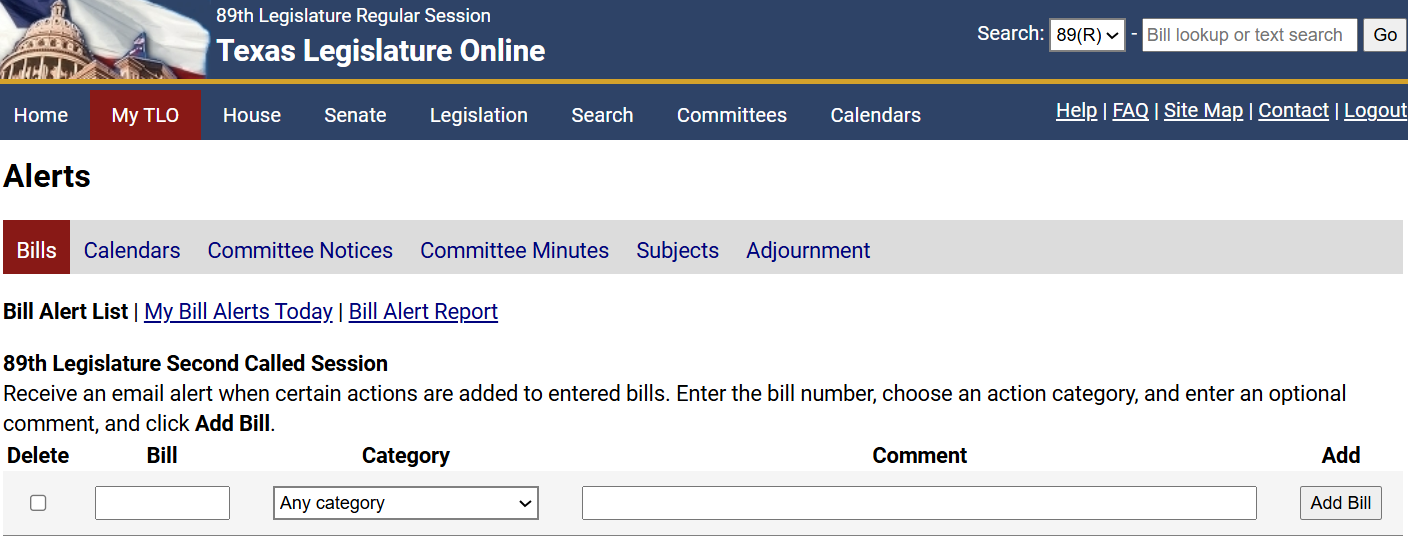 Displays options for saving bill alerts and any saved alerts