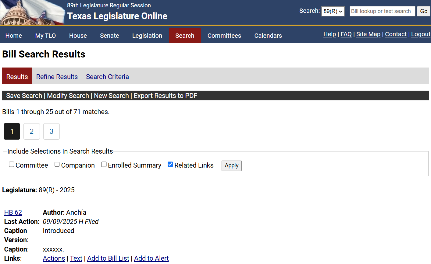 Displays bill search results